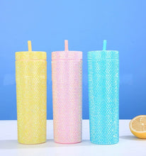 Load image into Gallery viewer, Bling Skinny Tumbler with Lids and Straws 16 oz Rhinestone Acrylic Tumblers Bulk Double Wall Plastic Water Bottles Reusable Diamond Cups