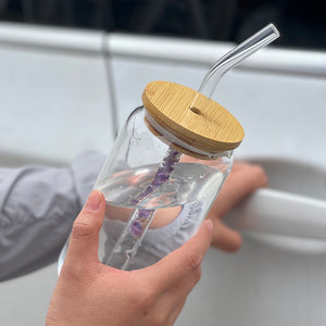 bamboo lid tumbler with nature crystal quartz straw