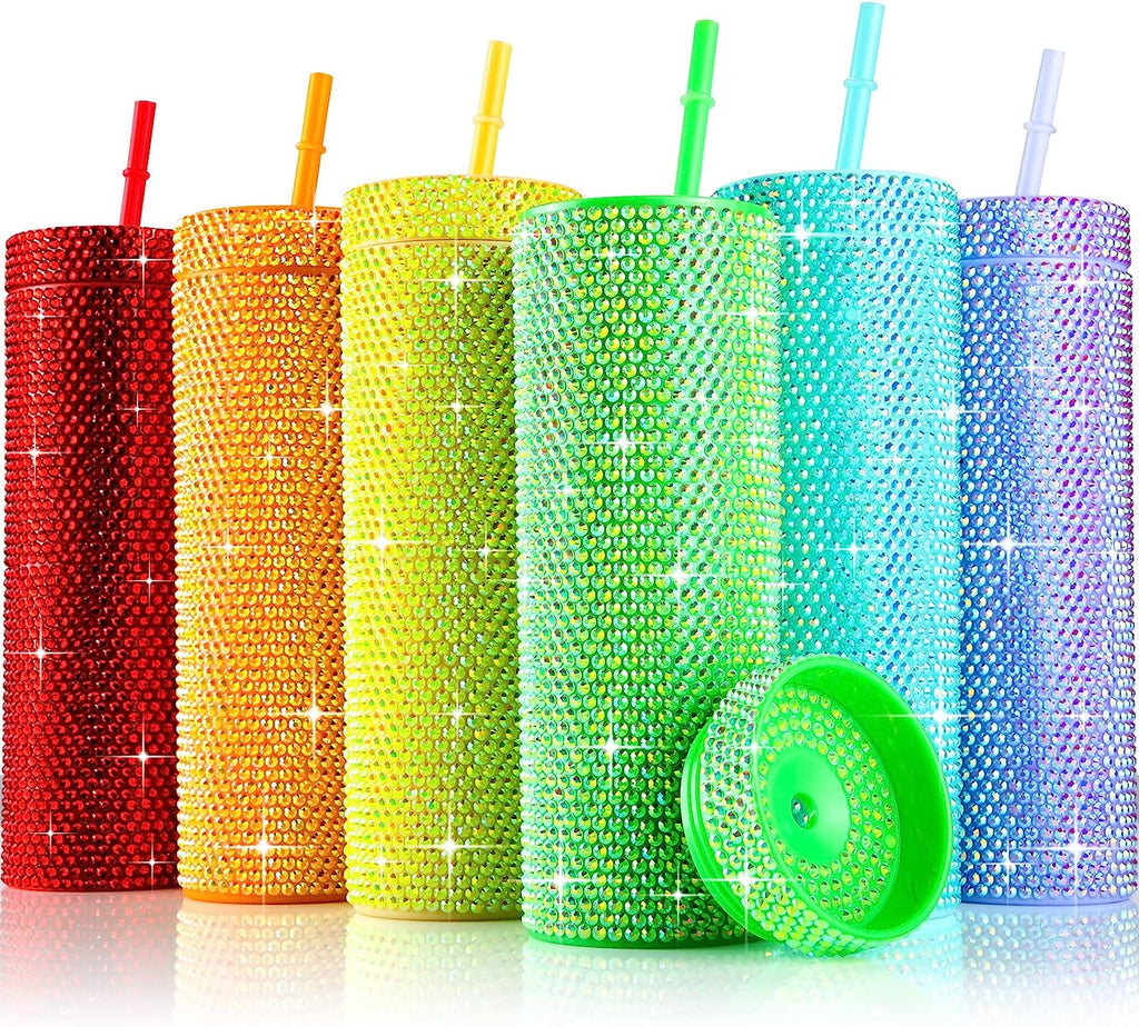 Bling Skinny Tumbler with Lids and Straws 16 oz Rhinestone Acrylic Tumblers Bulk Double Wall Plastic Water Bottles Reusable Diamond Cups