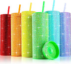 Bling Skinny Tumbler with Lids and Straws 16 oz Rhinestone Acrylic Tumblers Bulk Double Wall Plastic Water Bottles Reusable Diamond Cups