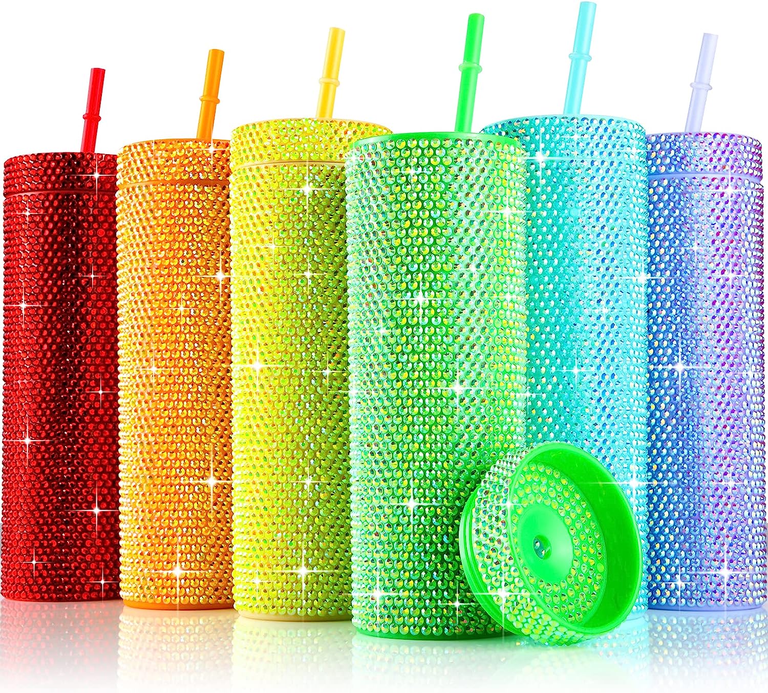 Bling Skinny Tumbler with Lids and Straws 16 oz Rhinestone Acrylic Tumblers Bulk Double Wall Plastic Water Bottles Reusable Diamond Cups