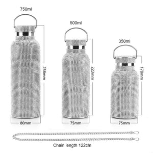 Bling Water Bottle Rhinestone Diamond Stainless Steel Glitter Insulated Bottle Vacuum Flask Sparkling Thermal Bottle with Chain Refillable Water Bottles for Women