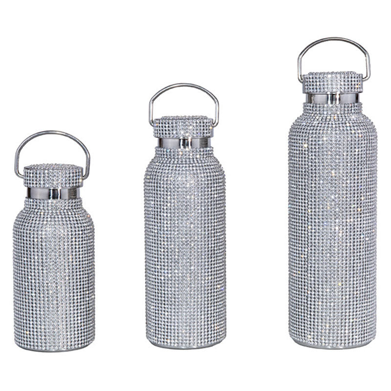 Bling Water Bottle Rhinestone Diamond Stainless Steel Glitter Insulated Bottle Vacuum Flask Sparkling Thermal Bottle with Chain Refillable Water Bottles for Women