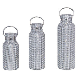 Bling Water Bottle Rhinestone Diamond Stainless Steel Glitter Insulated Bottle Vacuum Flask Sparkling Thermal Bottle with Chain Refillable Water Bottles for Women