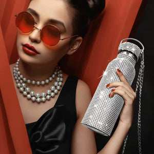Bling Water Bottle Rhinestone Diamond Stainless Steel Glitter Insulated Bottle Vacuum Flask Sparkling Thermal Bottle with Chain Refillable Water Bottles for Women